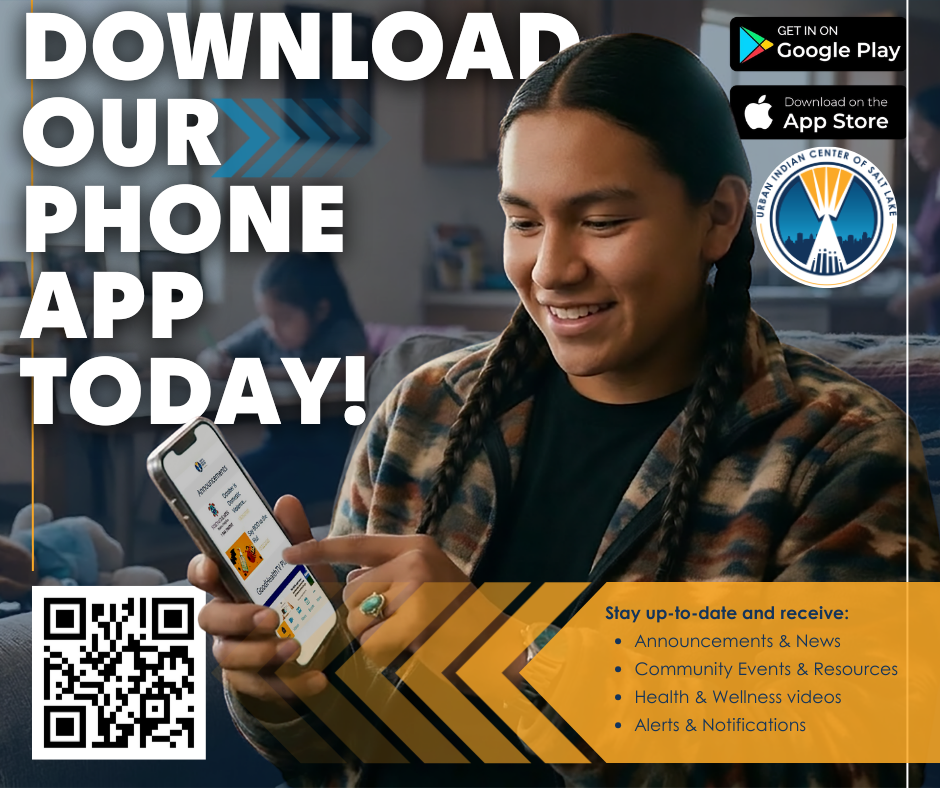 Promotional graphic with a vibrant orange and blue color scheme featuring geometric Indigenous-inspired patterns. A central photo shows a person with long black braids interacting with the UICSL mobile app